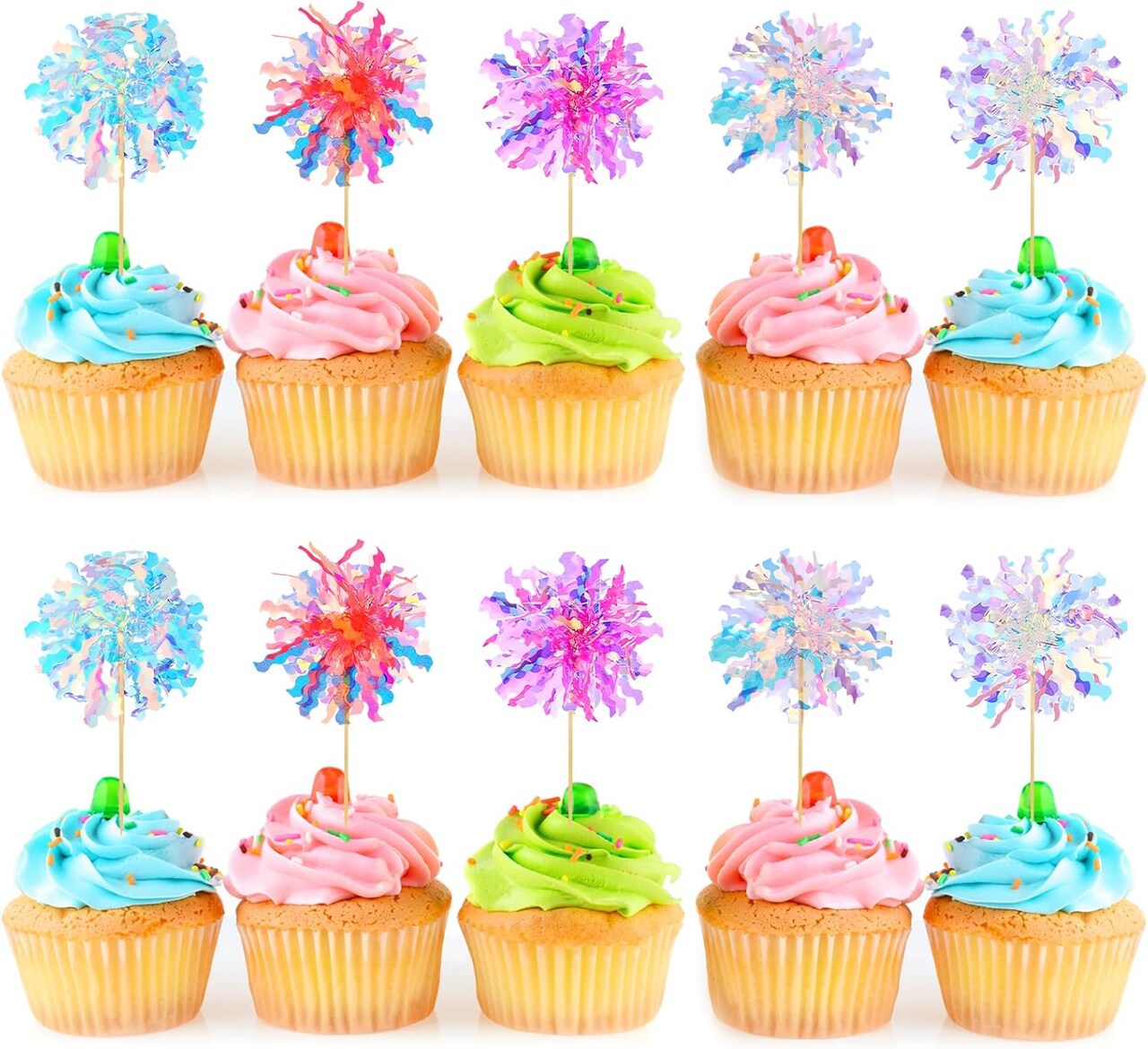 10Pcs Happy Birthday Cake Toppers, Foil Firework Cupcake Toppers, Sparkle Tinsel Cake Toppers Cocktail Food Toothpick for Birthday Wedding Baby Shower Graduation Party Supplies